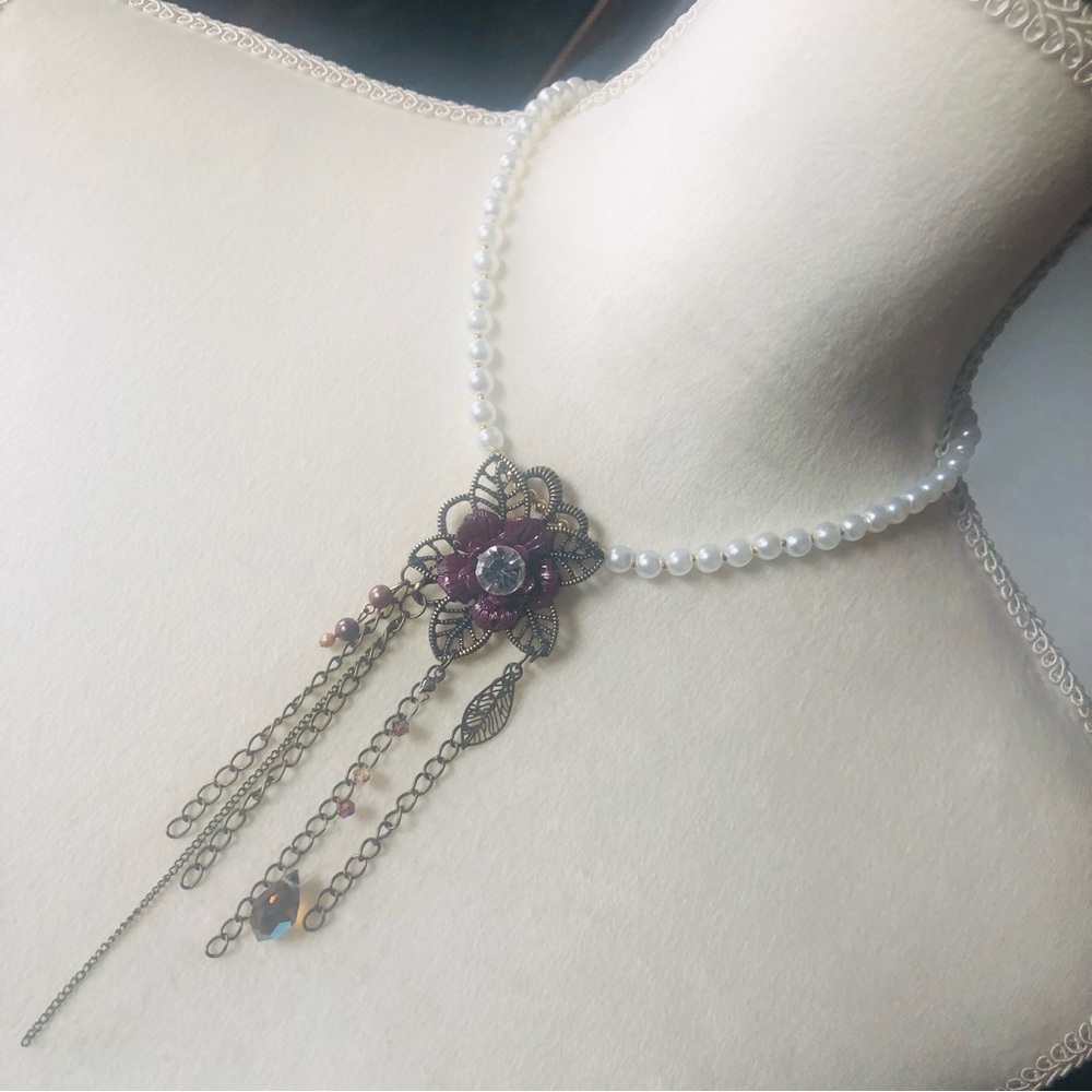 Handcrafted repurpose botanical floral chandelier Czech glass Pearl necklace